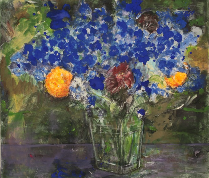 Blauflirren und Lampionleuchten - Rittersporn und Dahlien. 2014.